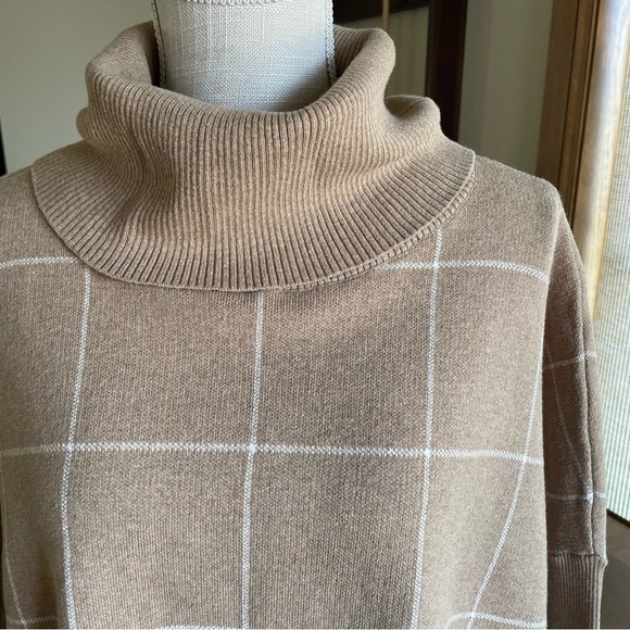 Loft Camel Tan Windowpane Cotton Boxy Cowl Turtleneck Sweater size L - Picture 13 of 13